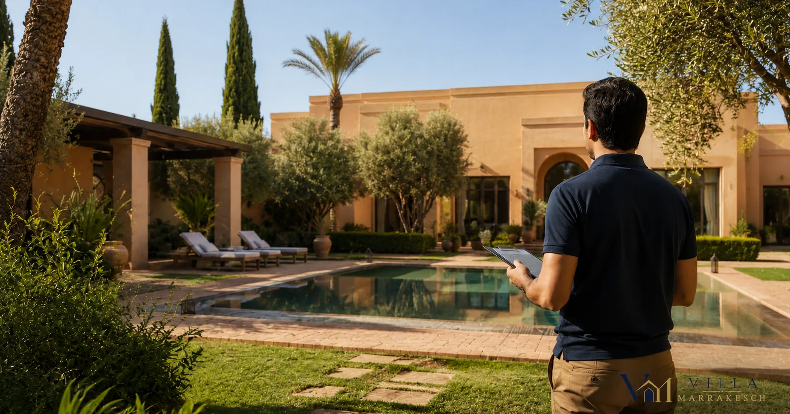 Professionelle Kontrolle einer hochwertigen Villa mit Pool und Garten durch Hausverwaltung.