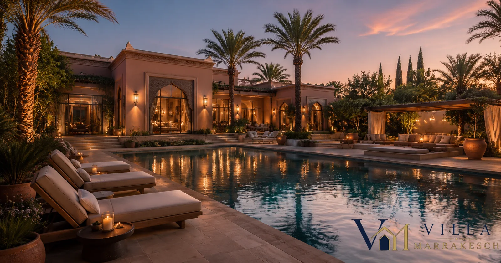 Außergewöhnliche Luxusvilla in Marrakesch mit großzügigem Pool, Palmen, hochwertiger Architektur und diskreter Privatsphäre.