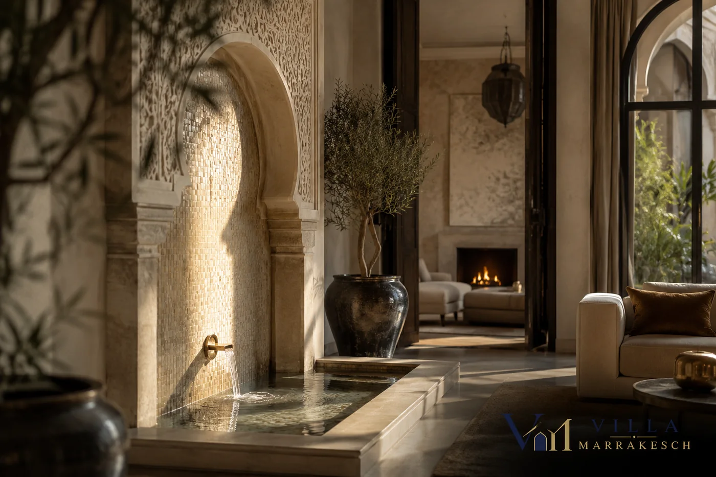 Luxuriöser Innenraum einer Marrakesch-Villa mit Naturstein, marokkanischen Details und moderner Eleganz.