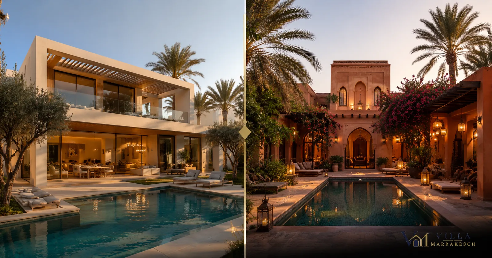 Split-Szene aus moderner Neubauvilla und charaktervoller Bestandsvilla in Marrakesch.