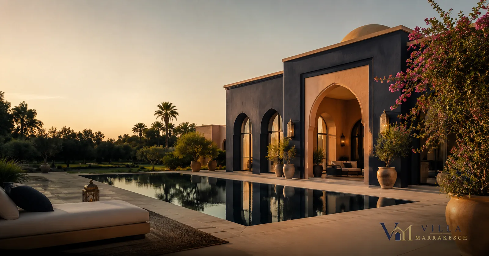 Hochwertige Villa in Marrakesch mit klarer ruhiger Bildfläche für Anfrage-CTA.