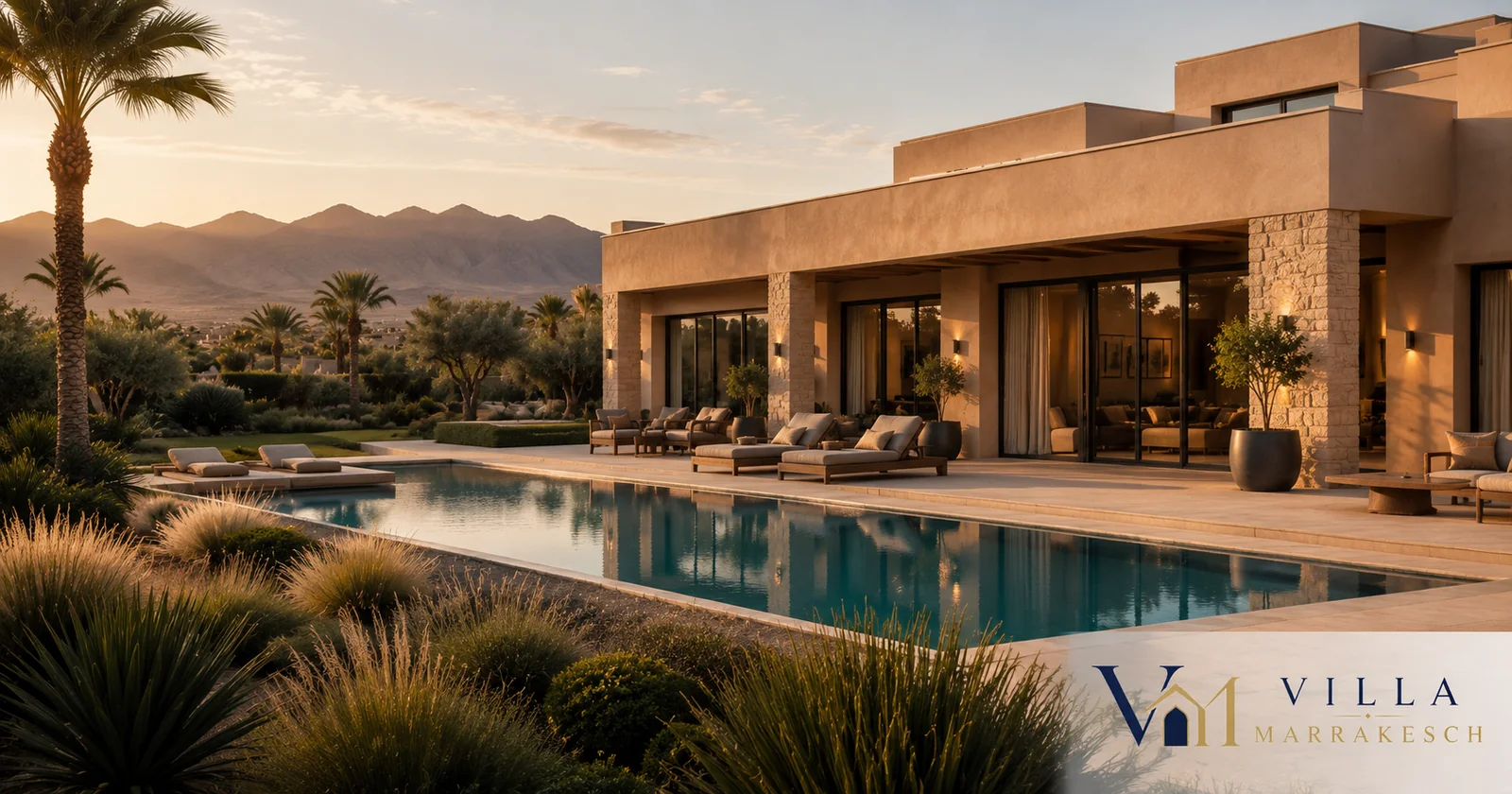 Hochwertige moderne Luxusvilla in Marrakesch mit Pool, Garten und dezentem Atlasblick bei goldenem Morgenlicht.