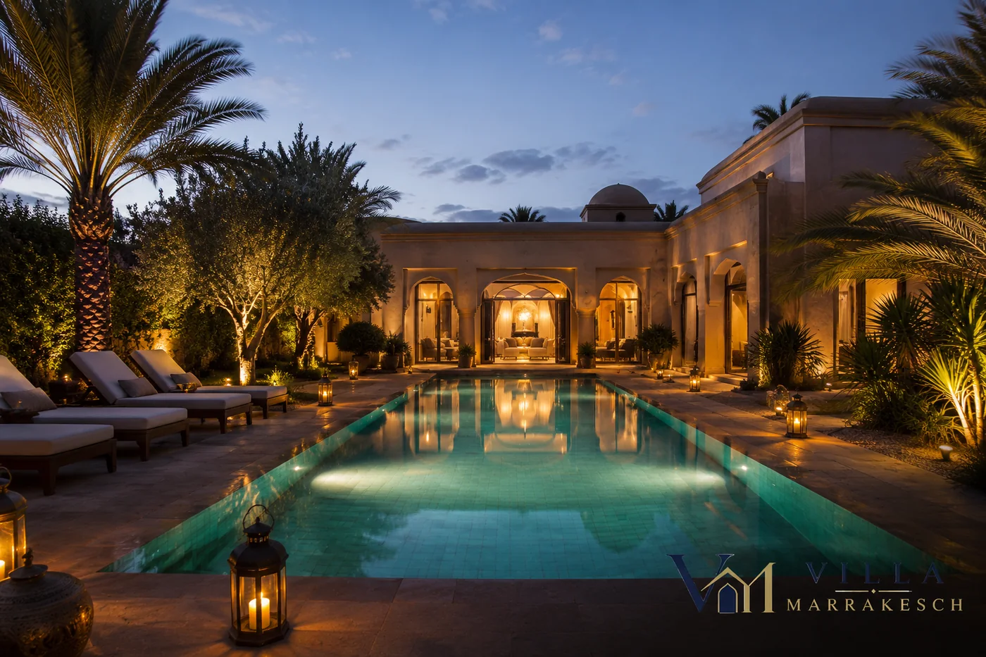 Hochwertiger Pool- und Gartenbereich mit Technikraum, Beschattung und mediterraner Bepflanzung.