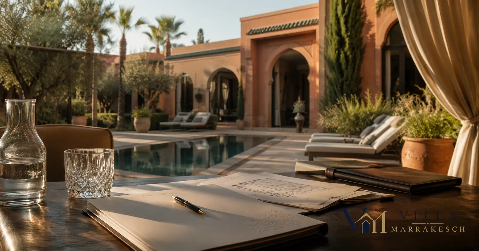 Marktübersicht mit Unterlagen und Kalkulation zu Immobilienpreisen in Marrakesch.