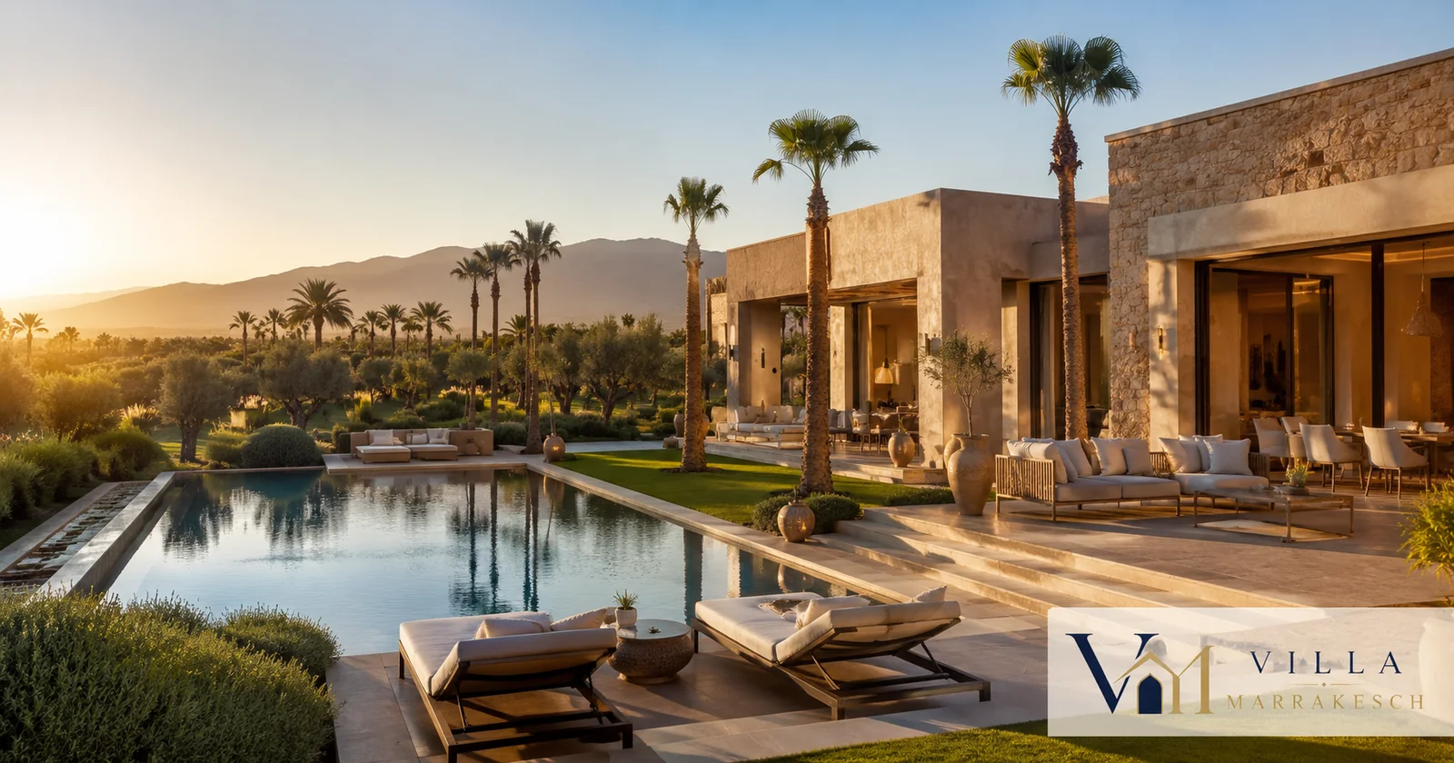 Moderne Villa in Marrakesch mit privatem Pool und gepflegtem Garten, realistische Architekturaufnahme.