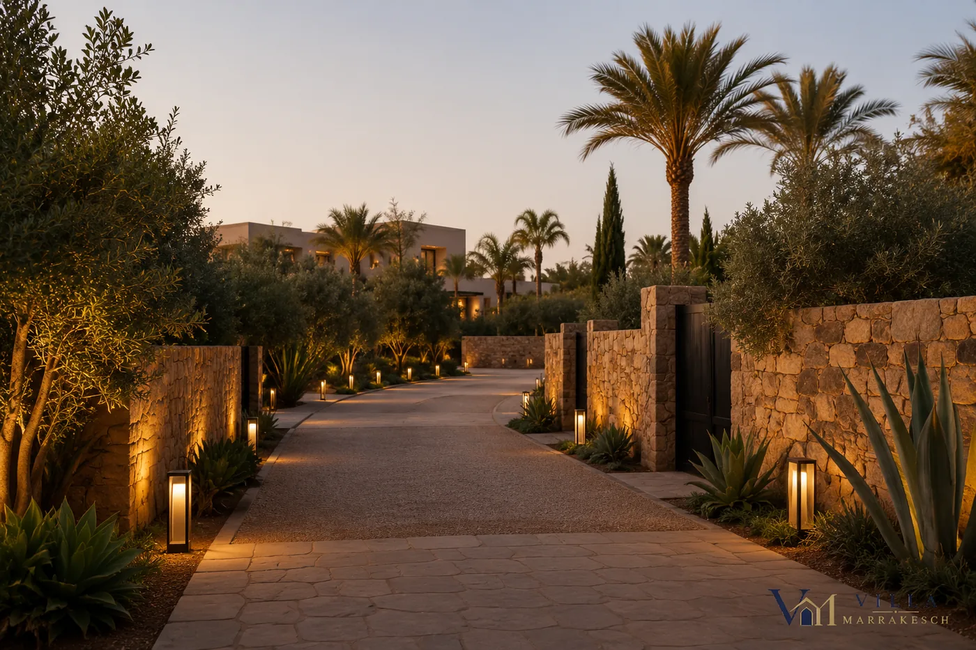 Ruhige Villenzufahrt mit Garten, Natursteinmauern und moderner Außenbeleuchtung.