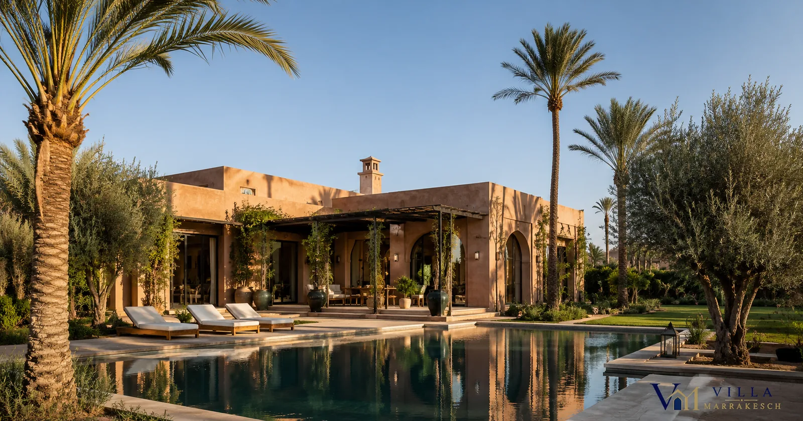 Hochwertige Villa auf großem Grundstück im Umfeld von Marrakesch mit Palmen und privatem Pool.