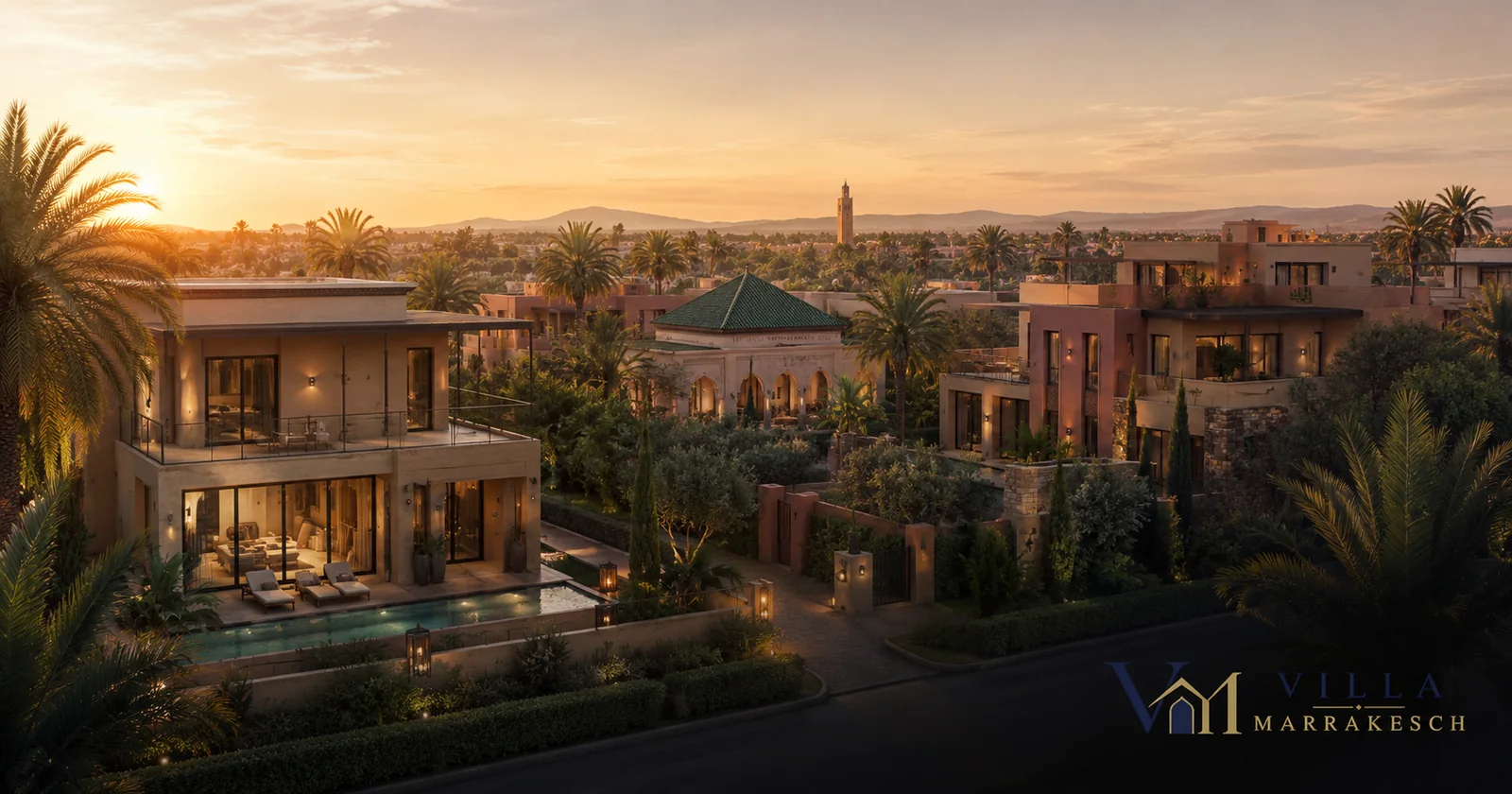 Auswahl unterschiedlicher hochwertiger Villen in Marrakesch, moderne und traditionelle Architektur, seriöse Immobilienpräsentation.